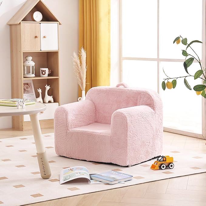 Tiita Toddler Chair Couch, Comfy Fold Out Kids Sofa, Lightweight Children Couch with Carrying Handle & Side Pockets, Kids Foam Armrest Read Sofa for Girl or Boy, Pink