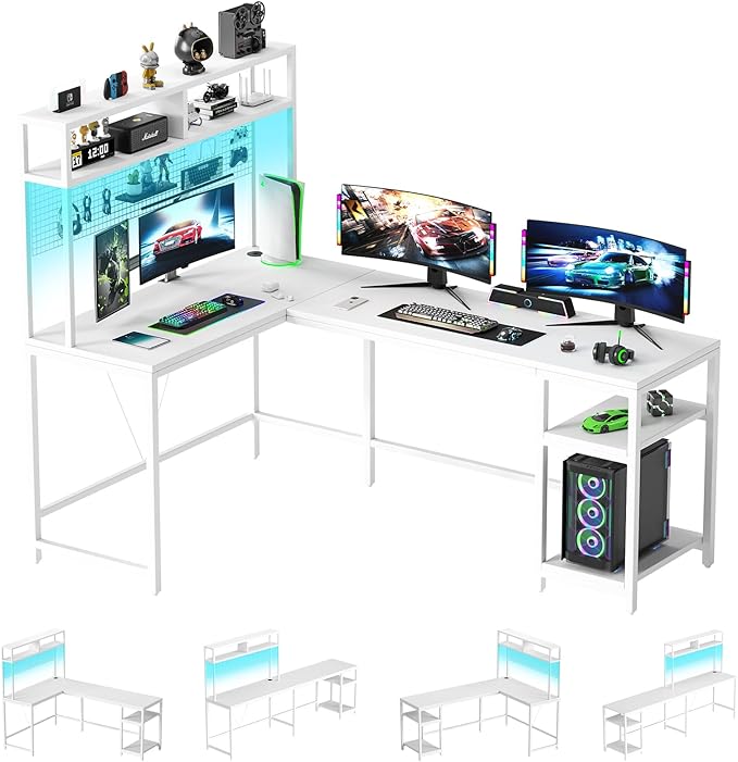 L Shaped Desk with Hutch & Pegboard - Reversible 67" L Shaped Gaming Desk with LED Lights, Corner Computer Desk with Storage Shelves, White
