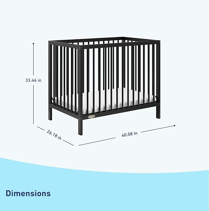Graco Teddi 4-in-1 Convertible Mini Crib with Bonus Water-Resistant Mattress (Black) – GREENGUARD Gold Certified, 2.75-Inch Mattress Included, Convenient Size, Easy 30-Minute Assembly