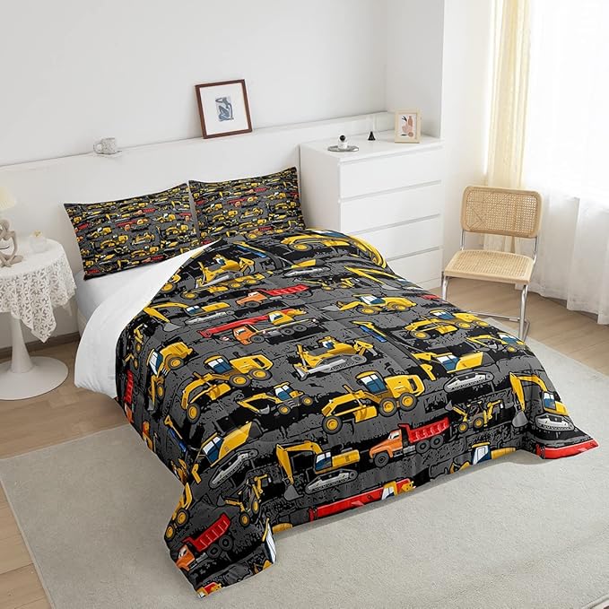 Erosebridal Excavator Comforter Set King,Tractor Construction Bedding Set for Kids Boys Teens Truck Room Decor,Cartoon Vehicle Car Bedding Comforter Construction Site Duvet Set Yellow Dark Grey 3 Pcs