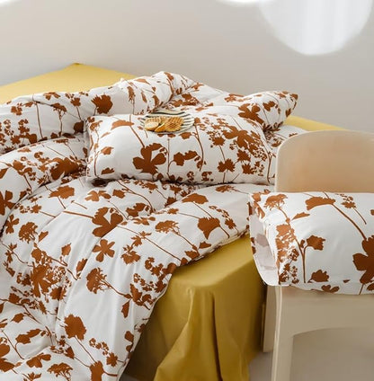 Botanical Comforter Queen White Pumpkin Floral Plant Bedding Comforter Set Girls Garden Pattern Printed on White Blanket Rustic Leaf Blossom Women White Farmhouse Comforter Queen