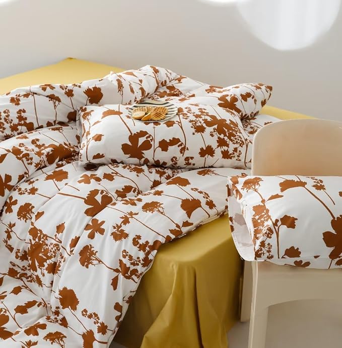 Botanical Comforter Set Cal King White Pumpkin Floral Plant Bedding Comforter Girls Garden Pattern Printed White Blanket Rustic Leaf Blossom Women White Farmhouse Comforter California King