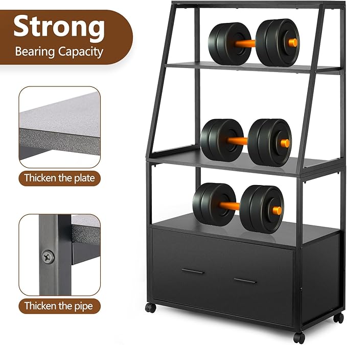 2 Drawer Lateral File Cabinet with Bookshelf, Industrial 4-Tier Filing Cabinet Printer Stand with Wheels, Ladder Shelf Stand with Open Storage for Home Office,Black