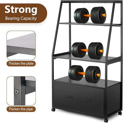 2 Drawer Lateral File Cabinet with Bookshelf, Industrial 4-Tier Filing Cabinet Printer Stand with Wheels, Ladder Shelf Stand with Open Storage for Home Office,Black