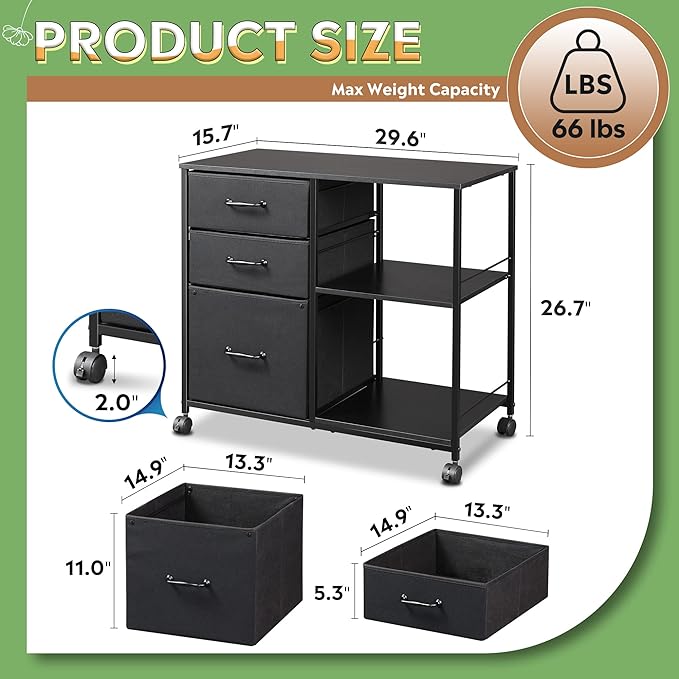 DEVAISE 3 Drawer Mobile File Cabinet, Rolling Printer Stand with Open Storage Shelf, Fabric Lateral Filing Cabinet fits A4 or Letter Size for Home Office, Black