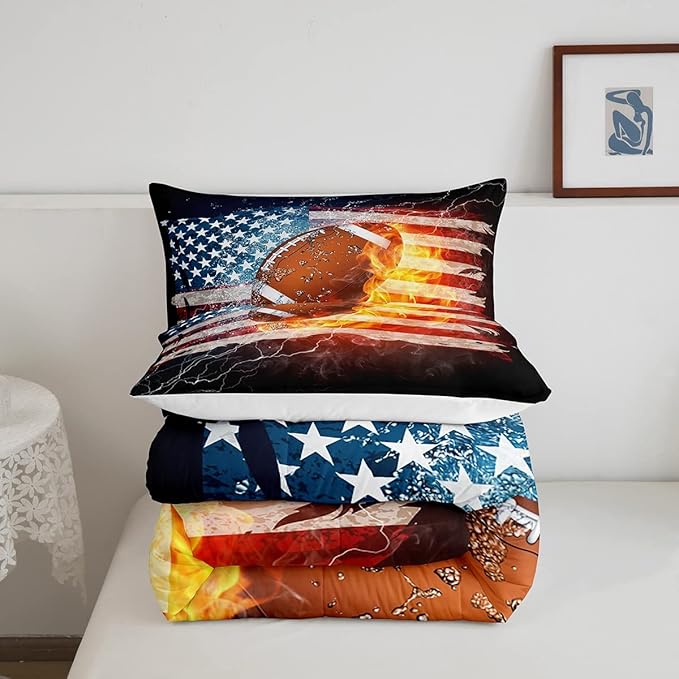 Boys American Football Comforter Set, United States Flag Down Comforter King Size, Soccer Sports Games Bedding Set for Kids Teens Adult Men, Geometric Stripes Retro Duvet Sets, Blue White and Red