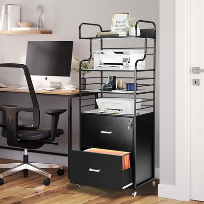 Vertical File Cabinet, 2 Drawer Mobile Filing Cabinet with 3 Bookshelf, Printer Stand with Open Storage Shelves Fits A4/Letter/Legal Size File Cabinets for Home Office Organizer, Black