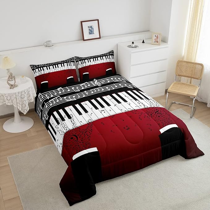 Erosebridal Music Notes Comforter Set for Kids Boys Teens Men Piano Keys Down Comforter Queen Size Rock Musical Bedding Set Play Piano Duvet Sets Music Bedroom decor with 2 Pillow Cases Red Black