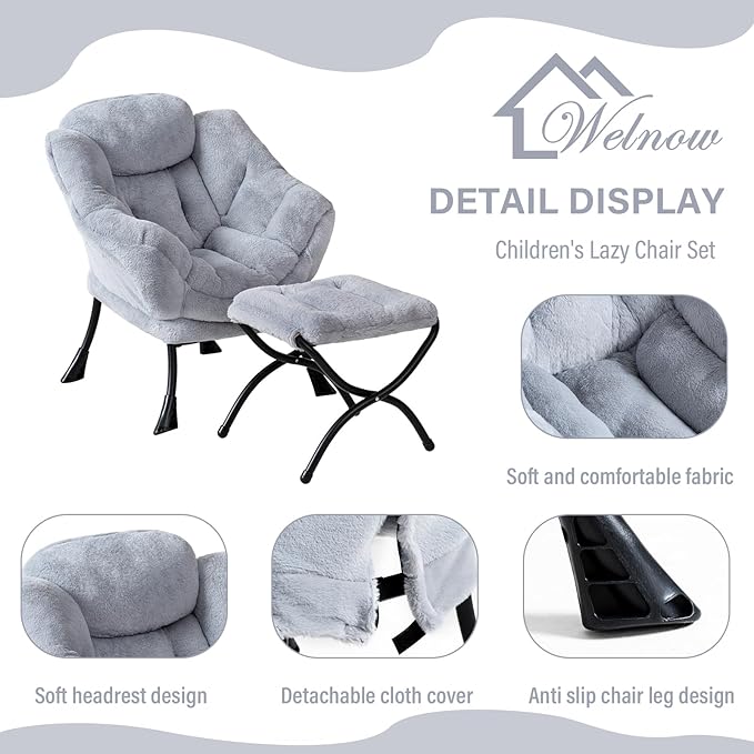 Welnow Toddler Kids Lazy Chair with Ottoman, Accent Comfy Lounge Children Armchair Couch with Armrest and Removable Cover, Detachable Reading Chair with Footrest for Boy or Girl, Plush Grey