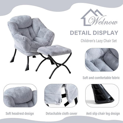 Welnow Toddler Kids Lazy Chair with Ottoman, Accent Comfy Lounge Children Armchair Couch with Armrest and Removable Cover, Detachable Reading Chair with Footrest for Boy or Girl, Plush Grey
