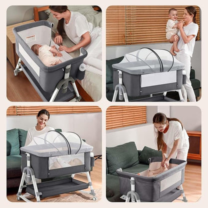 4 in 1 Baby Bassinet, Rocking Bassinets Bedside Sleeper with Comfy Mattress and Wheels, Height Adjustable Easy Folding Portable Bedside Crib for Newborn Infant,Dark Gray