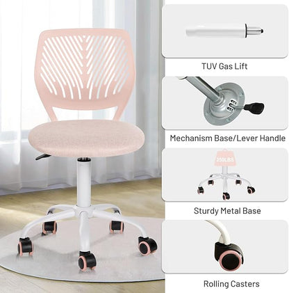 Desk Chair Small Armless, Comfy Home Office Chair with Fabric Seating Cushion and Plastic Low-Back, Adjustable Swivel Study Computer Task Chair for Student Children Kids with Rolling Wheels, Pink