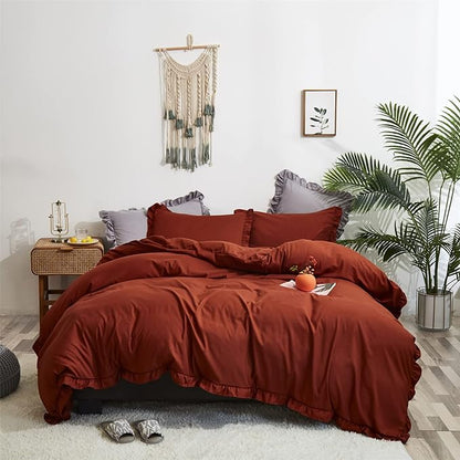 Rust Ruffled Comforter Set King Size Bedding Set Women Caramel Ruffles Blanket Men Burnt Orange Ruffled Comforter Farmhouse Ruffle Fringe Design Girls 3 PCs Cinnamon Color Ruffled Bedding Set