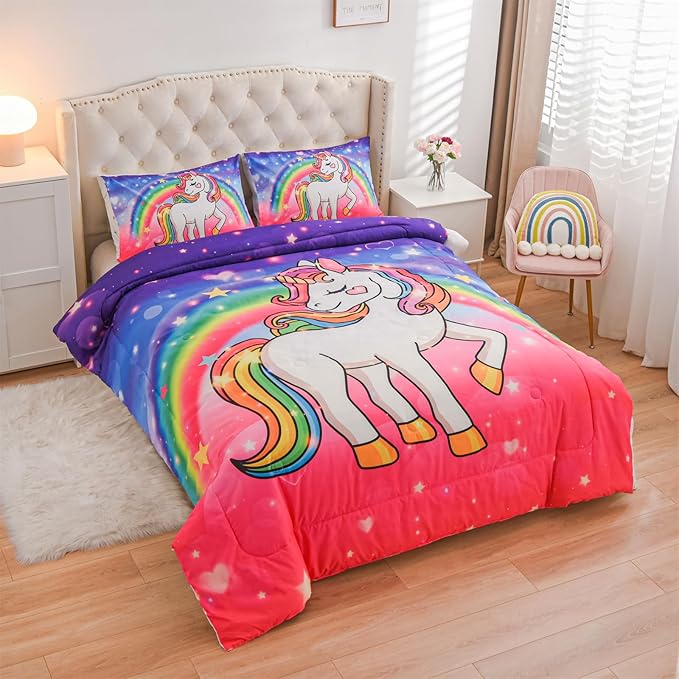 Aimuan Girls Unicorn Comforter Set 3 Pieces Pink Purple Bedding Set with Rainbow Star Galaxy Stars Fantasy Children Room Decor Soft Reversible Bed Sets for Boys/Girls/Teens (Pink-Purple Twin3Pcs)