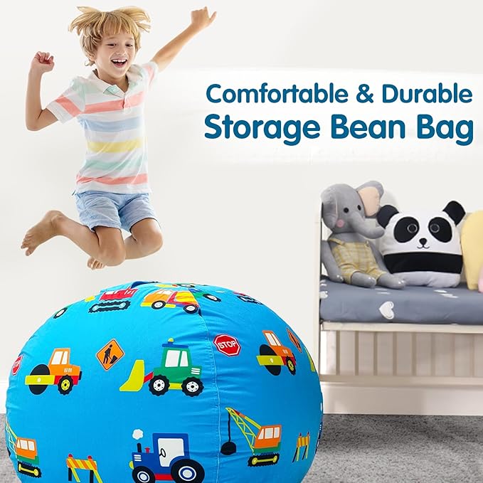 Lukeight Stuffed Animal Storage Bean Bag Chair Cover for Kids, Zipper Beanbag Chair Cover for Organizing Toddler & Kids' Rooms Plush Toys (Construction Velvet, Large)