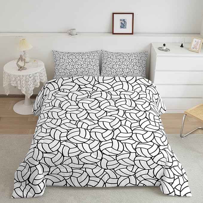 Feelyou Queen Size Volleyball Bedding Set Boys Girls Sports Game Comforter Set for Kids Women Men Ultra Soft Volleyball Player Comforter Black White Duvet Set Room Decor Quilt Set