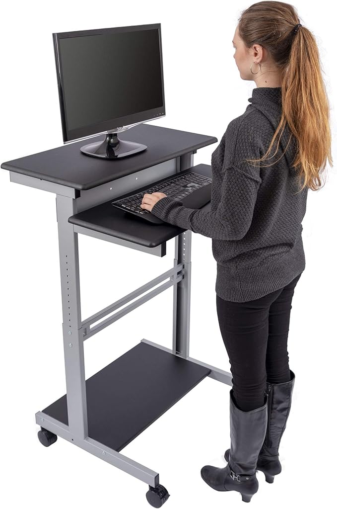 Stand Up Desk Store Rolling Adjustable Height Two Tier Standing Desk Computer Workstation (Silver Frame/Dark Walnut Top, 32" Wide)