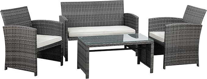 Shintenchi 4-Piece Patio Furniture Set, Outdoor Wicker Patio Conversation Furniture Set with Cushions and Tempered Glass Tabletop for Lawn Backyard Pool Garden,Beige