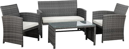 Shintenchi 4-Piece Patio Furniture Set, Outdoor Wicker Patio Conversation Furniture Set with Cushions and Tempered Glass Tabletop for Lawn Backyard Pool Garden,Beige