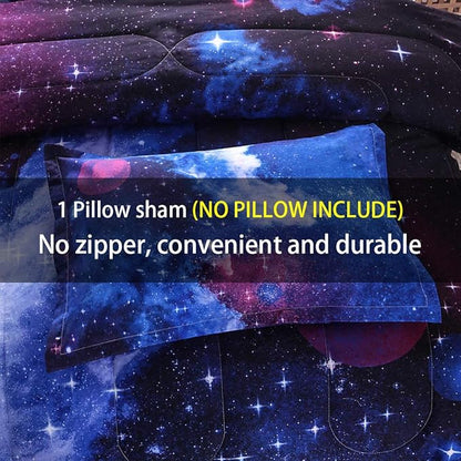 JQinHome Twin Galaxy Comforter Sets Blanket, 3D Outer Space Themed Bedding, All-Season Reversible Quilted Duvet, for Children Boy Girl Teen Kids - includes 1 Comforter, 1 Pillow Sham (Dark Blue)