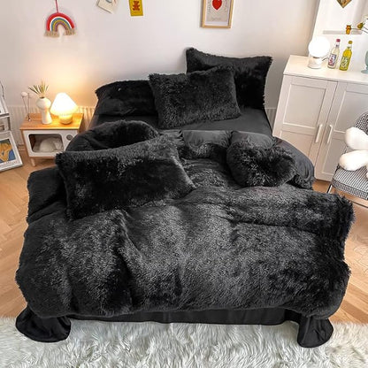 Faux Fur Kids Girls Black Comforter Sets Twin/Full - 3PC Bed Set Warm Comfortable Soft Plush Flannel Velvet Fluffy Fuzzy Bedding（Comforter x 1 Pillowcases x 2）