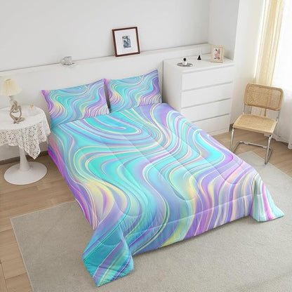 Pastel Rainbow Comforter Set with Pillowcase Abstract Wave Stripes 3D Printed Designs 2 Piece Bedroom Duvet Set Psychedelic Girl Bed Down Comforter for Kids Women Dorm Room (Twin,Coulourful Marble)