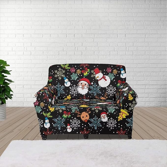 FKELYI Christmas Sofa Slipcover Santa Claus Furniture Protector Washable Easy Going Stretch Sofa Slipcover with Elastic Bottom S