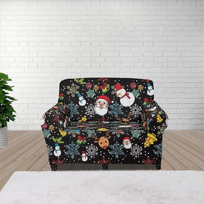 FKELYI Christmas Sofa Slipcover Santa Claus Furniture Protector Washable Easy Going Stretch Sofa Slipcover with Elastic Bottom S
