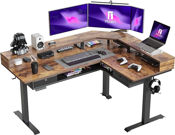 FEZIBO 63" L Shaped Standing Desk with LED Strip, Electric Triple Motor Sit Stand up Corner Desk Height Adjustable with Monitor Stand & Shelves, 2 Drawers, Ergonomic Home Office Desk, Rustic Brown
