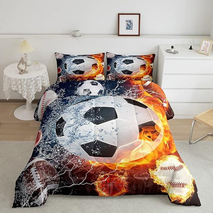 Erosebridal Boys Soccer Bedding Set Football Sports King Comforter Set for Kids Teen Youth Bedroom Decor Lightning Baseball Quilt Duvet Water Fire Basketball Comforter with 2 Pillow Cases Red Blue