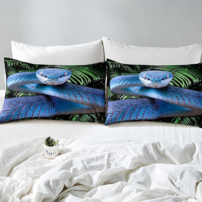 Erosebridal Snake Comforter Set Full, Blue Snake Down Comforter, 3D Reptile Bedding Set, Blue Scales Quilt Set, Palm Leaf Wild Animal Stylish Duvet Set for Kids Boys Teens Man Bedroom Decor