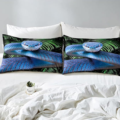 Erosebridal Snake Comforter Set Full, Blue Snake Down Comforter, 3D Reptile Bedding Set, Blue Scales Quilt Set, Palm Leaf Wild Animal Stylish Duvet Set for Kids Boys Teens Man Bedroom Decor