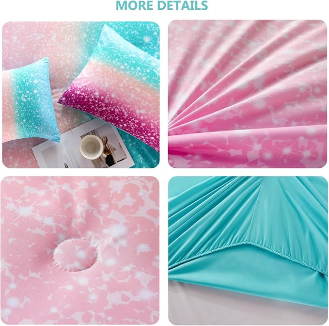 PERFEMET 6 Piece Full Size Comforter Sets for Teens Girls, Tie Dye Rainbow Ombre Bed in A Bag, Gradient Glitter Sparkle Bedroom Decor Bedding Set (Blue Teal Purple, Full)