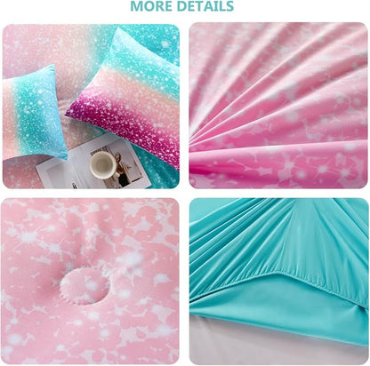 PERFEMET Queen Comforter Set with Sheets, 6 Pieces Tie Dye Rainbow Girls Bedding Set, Gradient Glitter Colorful Ombre Bed in A Bag (Aqua Teal Purple, Queen)