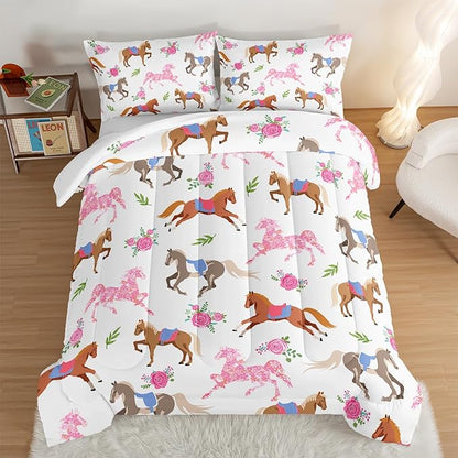 HOSIMA Kawaii Pink Rose Horse King Size Comforter Set,Cute Animal Horse Bedding Girls Teens Aesthetic Room Decor,Princess Toddler Bedding Set Cowboy Cowgirl Colorful Pony Comforter.