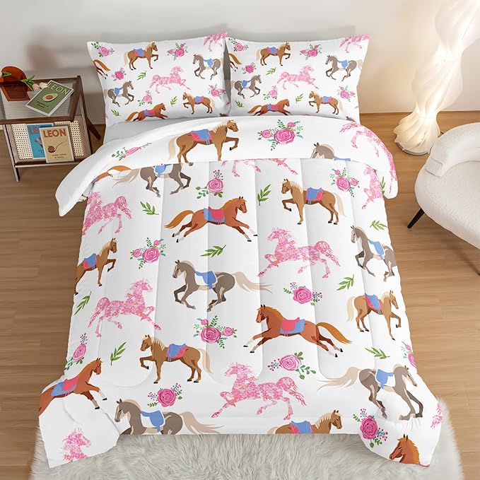 HOSIMA Kawaii Pink Rose Horse Queen Comforter Set,Cute Animal Horse Bedding Girls Teens Aesthetic Room Decor,Princess Toddler Bedding Set Cowboy Cowgirl Colorful Pony Queen Size Bed in a Bag.