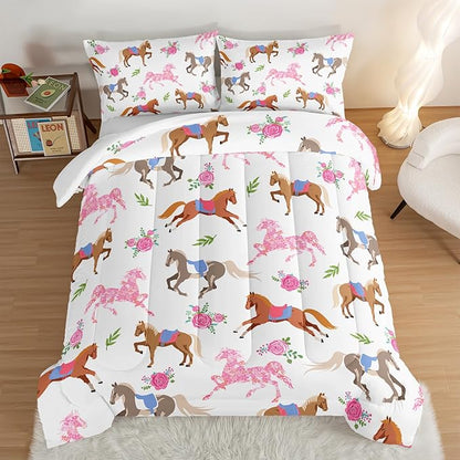 HOSIMA Kawaii Pink Rose Horse Queen Comforter Set,Cute Animal Horse Bedding Girls Teens Aesthetic Room Decor,Princess Toddler Bedding Set Cowboy Cowgirl Colorful Pony Queen Size Bed in a Bag.