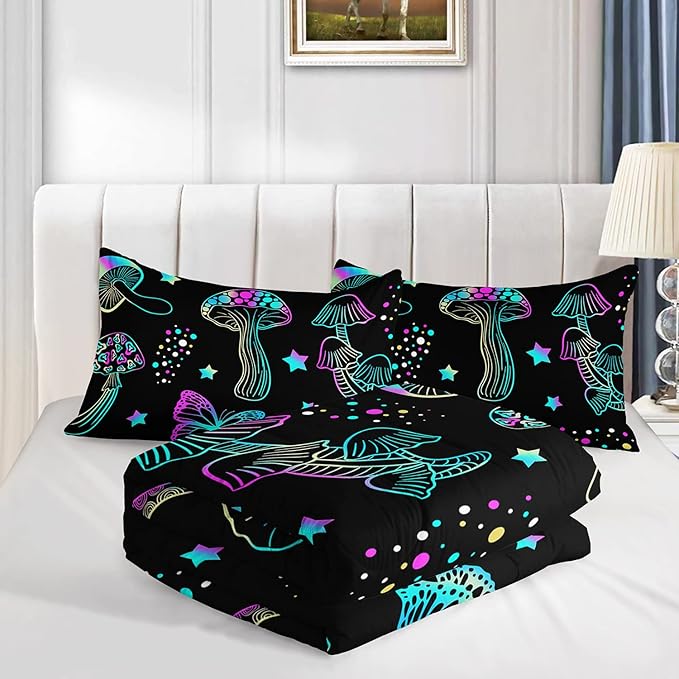 Colorful Mushroom Comforter Set Twin Size Kids Mushroom Butterfly Bedding Set Star Quilt Bed Set for Boys Girls Adults with 1 Comforter and 2 Pillowcases