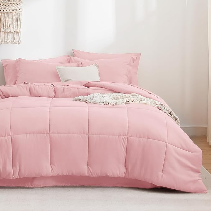 Bedsure Pink Full Size Comforter Set - 7 Pieces Solid Full Bed in a Bag, Full Bed Set Pink with Comforters, Sheets, Pillowcases & Shams