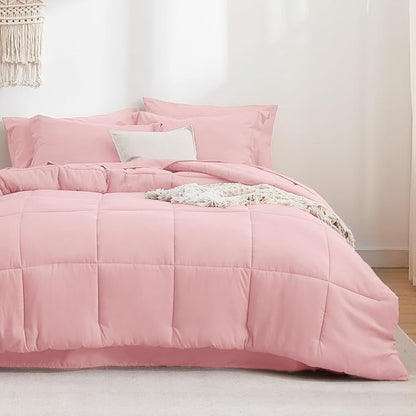 Bedsure Pink Full Size Comforter Set - 7 Pieces Solid Full Bed in a Bag, Full Bed Set Pink with Comforters, Sheets, Pillowcases & Shams