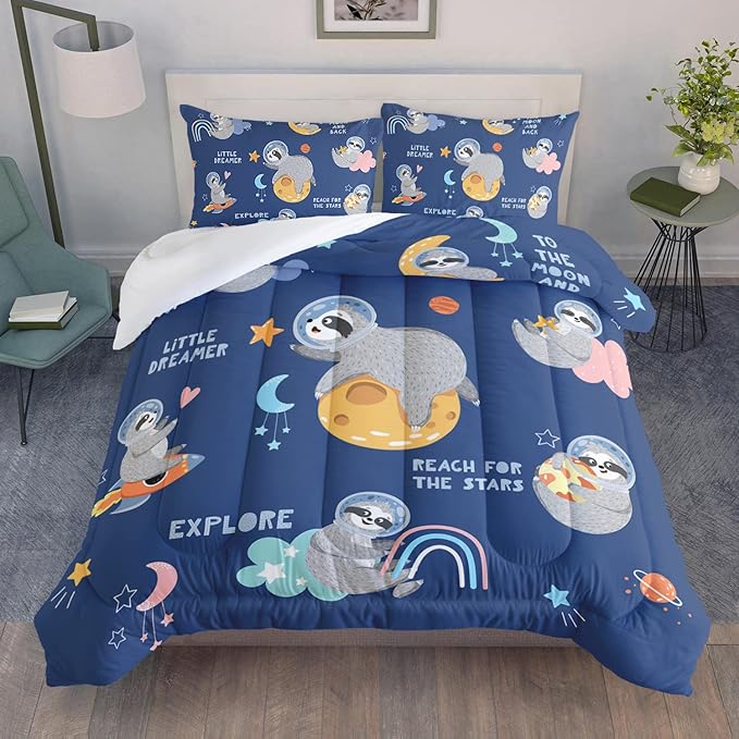 Kawaii Sloth Comforter Set 3 Pieces Outer Space Moon Cloudy Star Bedding Set Cartoon Animal Astronaut Bed Quilt Set for Girls Boys Kids with 1 Comforter and 2 Pillow Cases, Blue