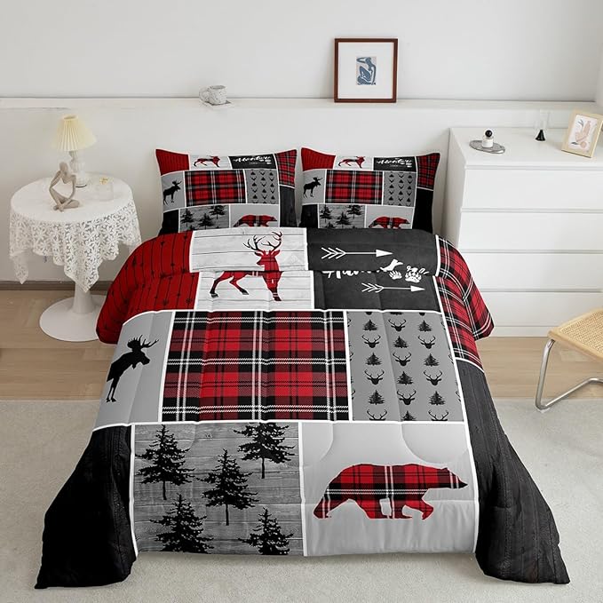 Deer Antlers Bear Kids Comforter Set Twin Size,Plaids Boho Arrows Patchwork Bedding Set for Boys Girls Adults Room Decor,Rustic Adventure Xmas Down Comforter,Red Retro Duvet Insert,1 Pillowcase
