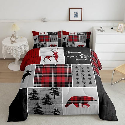 Deer Antlers Bear Kids Comforter Set Full Size,Plaids Boho Arrows Patchwork Bedding Set for Boys Girls Adults Room Decor,Rustic Adventure Xmas Down Comforter,Red Retro Duvet Insert,2 Pillowcases