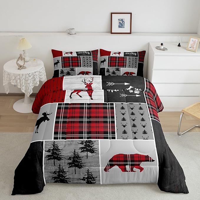 Deer Antlers Bear Kids Comforter Set King Size,Plaids Boho Arrows Patchwork Bedding Set for Boys Girls Adults Room Decor,Rustic Adventure Xmas Down Comforter,Red Retro Duvet Insert,2 Pillowcases