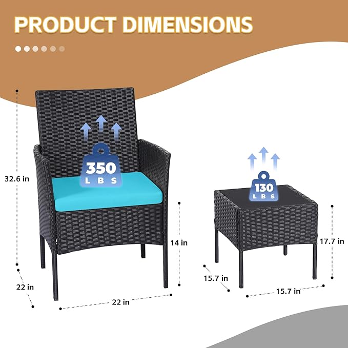 Patio Furniture Set 3 Pieces All-Weather Rattan Outdoor Furniture Patio Chairs with Tempered Glass Table for Porch Bistro Balcony Bistro Set(Black/Blue)
