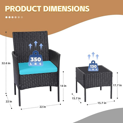 Patio Furniture Set 3 Pieces All-Weather Rattan Outdoor Furniture Patio Chairs with Tempered Glass Table for Porch Bistro Balcony Bistro Set(Black/Blue)
