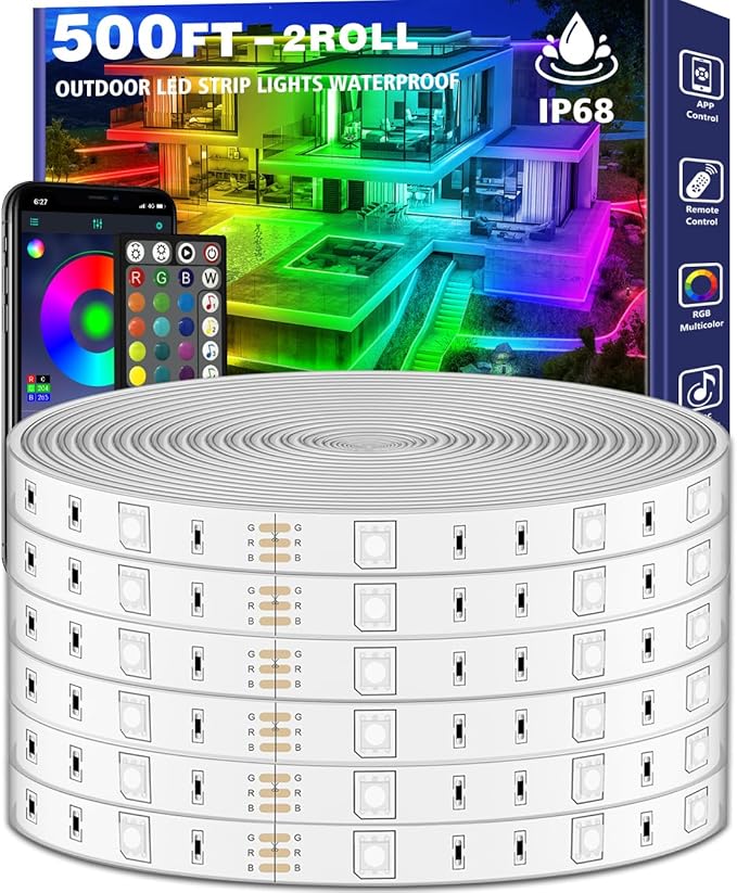 500ft Outdoor LED Strip Lights Waterproof,IP68 Outside Led Light Strips Waterproof with App and Remote,Music Sync RGB Exterior Led Rope Lights with Self Adhesive Back for Deck,Balcony,Pool