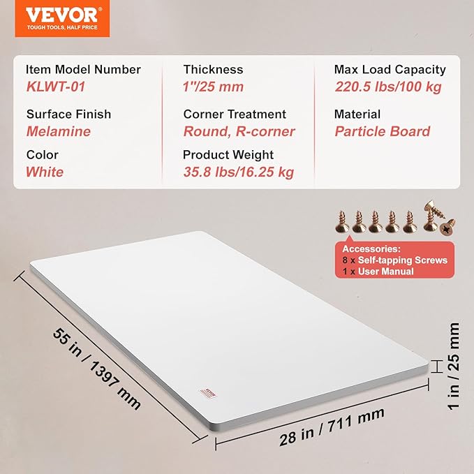 VEVOR One-Piece Particle Board Desktop Universal Tabletop, 55" D x 28" W x 1" H, White