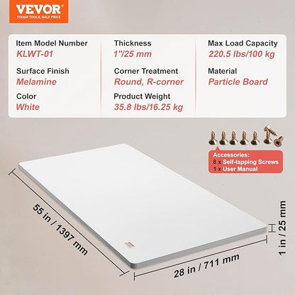 VEVOR One-Piece Particle Board Desktop Universal Tabletop, 55" D x 28" W x 1" H, White
