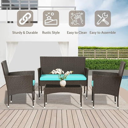 FDW 4 Pieces Patio Furniture Set Wicker Patio Conversation Set with Rattan Chair Loveseats Coffee Table for Outdoor Indoor Garden Backyard Porch Poolside Balcony,Brown Wicker/Blue Cushions